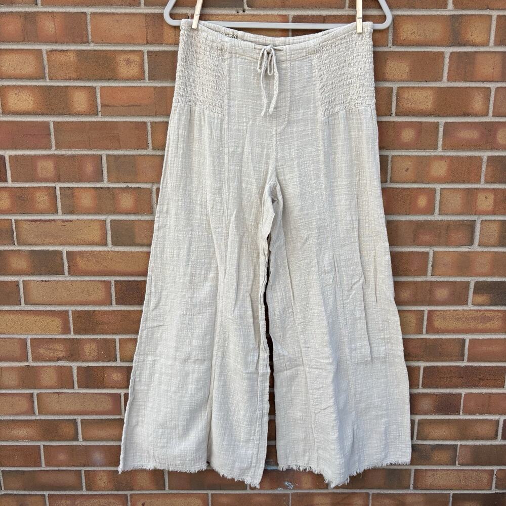 Wearables Cotton Wide Leg Smocked Side Hip Drawstring Closure Beige Womens S